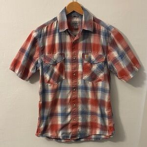 Carhartt Pearl Snap Men's Workwear Short Sleeve Shirt Red Blue Plaid Small